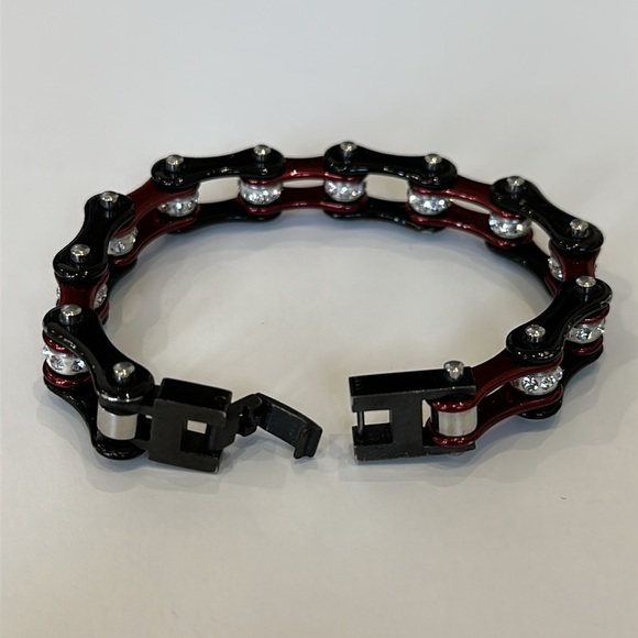Black & Maroon Bike Chain Bracelet with Clear Stones - Picture 3 of 4